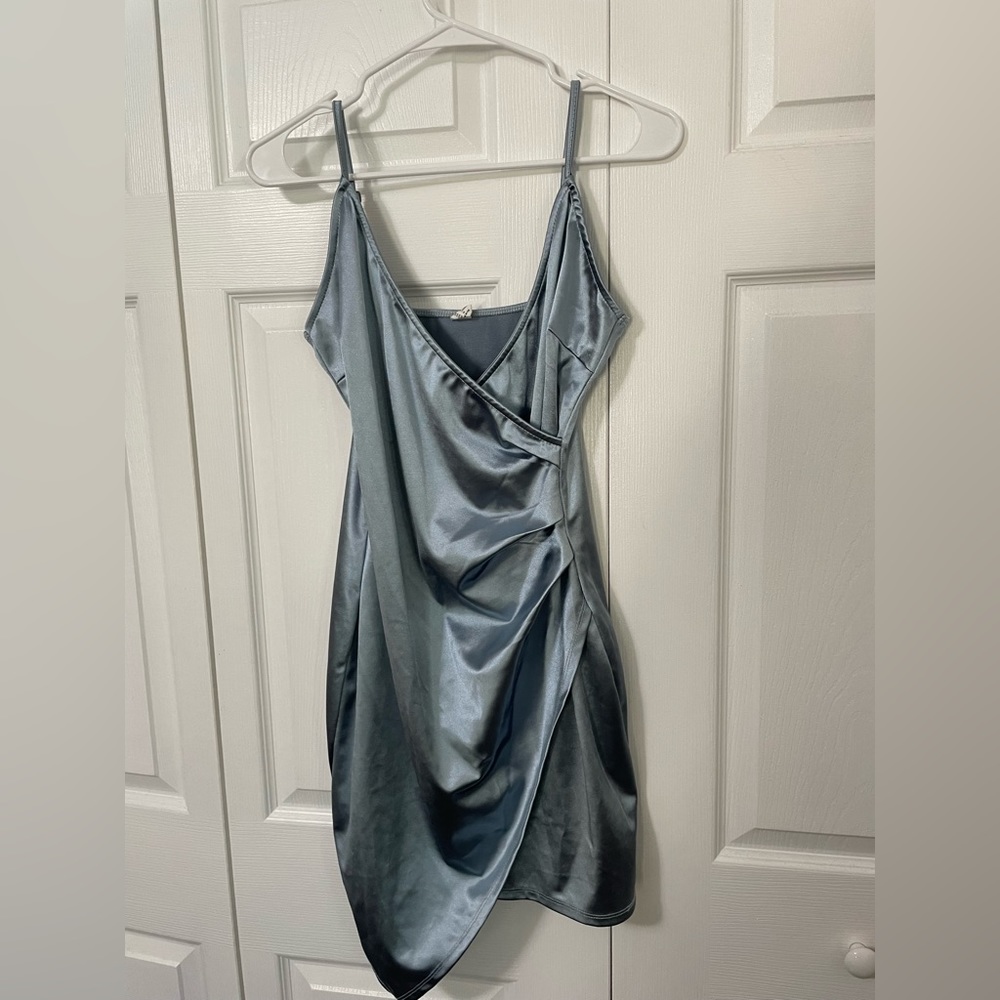 Silver Blue Satin Cocktail Dress
